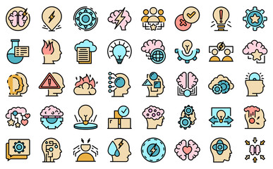 Critical thinking icons set outline vector. Think brain. Mind brainstorm