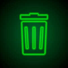 Trashcan simple icon vector. Flat desing. Green neon on black background with green light