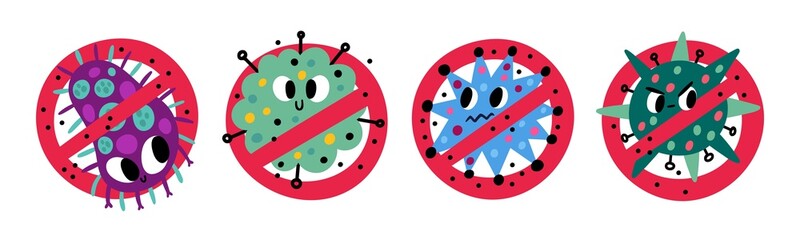 Stop bacteria signs. Round antigerms symbols. Viruses strikethrough. Cartoon funny characters. Antimicrobe prevention. Protection of disease microorganisms. Vector antibacterial icons set