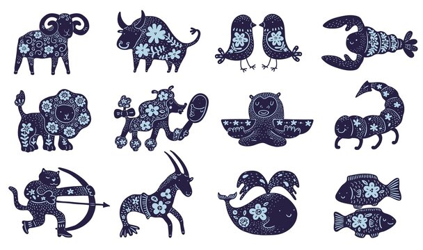 Zodiac signs. Decorative astrological symbol stickers. Hand drawn silhouettes patterned icons. Cartoon freehand zodiacal animals with floral elements. Vector isolated horoscope icons set