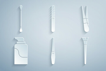 Set Nail file, Eyebrow tweezers, Cream cosmetic tube, Makeup brush, and Cotton swab for ears icon. Vector