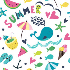 Seamless pattern with the inscription summer. Summer background with whale, ice cream, umbrellas, ships, beach, flip-flops, cocktail, towel and hearts.