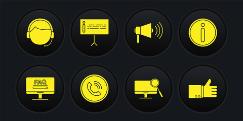 Set Monitor with FAQ information, Information, Phone call, Computer monitor diagnostics, Megaphone, Hand thumb up and Man headset icon. Vector