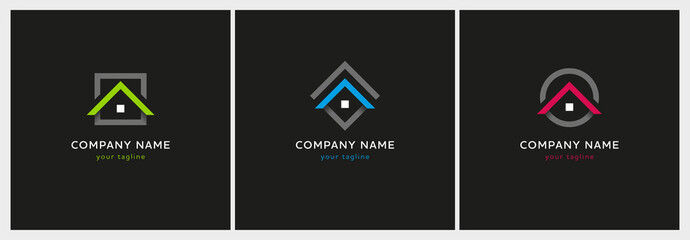Three real estate logo templates with house and roof icon. - 486956232