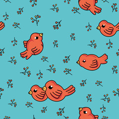 Turquoise bright background. Vector illustration for seasonal textile prints, fabric, banners, backdrops and wallpapers. orange birds