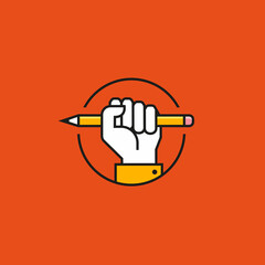 Hand in a fist holding a pencil. Creative art logo. Writing, drawing or sketching vector symbol.