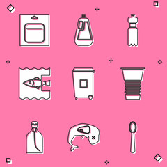 Set Battery in pack, Bottle for dishwashing liquid, of water, Stop ocean plastic pollution, Trash can, Paper glass, soap and Environment protection whale dead icon. Vector