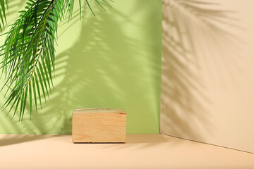 Empty showcase with wooden podium for display or presentation of cosmetic products, stage for design, abstract background with palm leaves and long shadows, modern creative display,