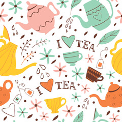 Seamless pattern with tea, teapots and cups. 