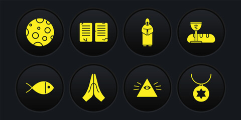 Set Christian fish, First communion symbols, Hands in praying position, Masons, Monk, The commandments, Star of David necklace chain and Moon icon. Vector