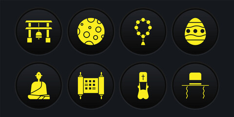Set Buddhist monk, Easter egg, Decree, paper, parchment, scroll, Priest, Rosary beads religion, Moon, Orthodox jewish hat with sidelocks and Japan Gate icon. Vector