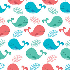 Simple seamless background with whales, sea and yachts.