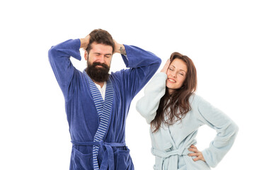 Feeling sleepy. Family couple with sleepy look. Tired man and woman in robes. Sleepiness