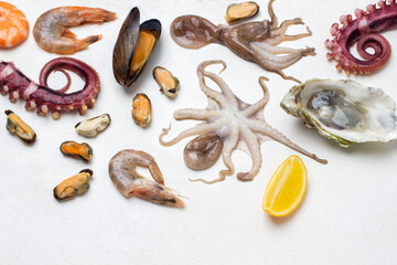 Set of seafood on white. Copy space.