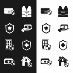 Set Stacks paper money cash, Graduation cap with shield, Credit card, Life jacket, House, Health insurance, and Money icon. Vector
