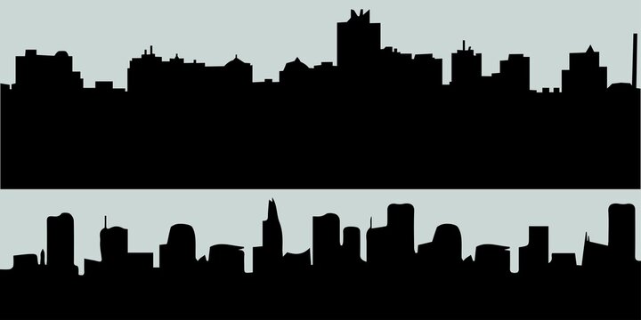 The background is a silhouette of the city for a website or banner.