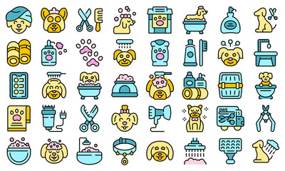 Dogs spa icons set outline vector. Shower grooming. Animal spa