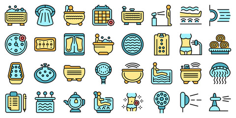 Hydro massage icons set outline vector. Aqua spa. Hydrotherapy park