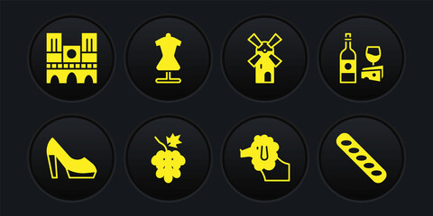 Set Woman shoe, Wine bottle with cheese, Grape fruit, Poodle dog, Windmill, Mannequin, French baguette bread and Notre Dame icon. Vector