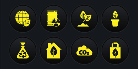 Set Garbage bag with recycle, Plant in pot, Eco friendly house, CO2 emissions cloud, Radioactive waste barrel, Shopping and Earth globe and leaf icon. Vector