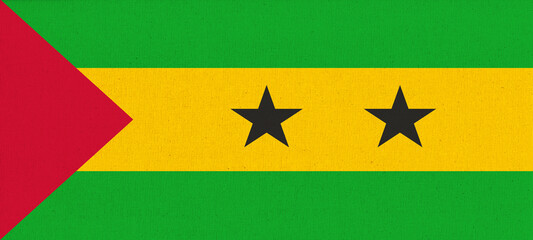 Flag of Sao Tome and Principe. Saint Thomas and Prince flag on fabric texture