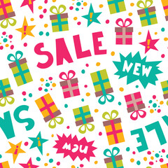 Seamless pattern with gift boxes and sale.