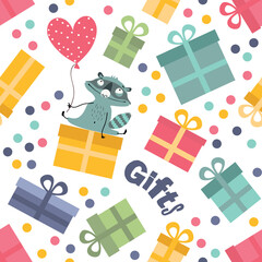 Seamless background with gift boxes and cute raccoon.