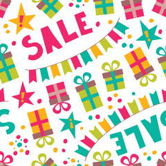 Seamless pattern with gift boxes and sale.