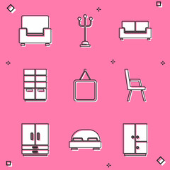 Set Armchair, Coat stand, Sofa, Wardrobe, Mirror, and Big bed icon. Vector