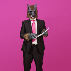 A well dressed werewolf offering to sign a contract