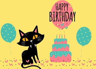 Happy birthday greeting card with black cat in the background