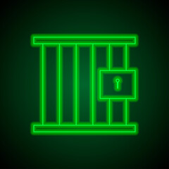 Jail simple icon. Flat desing. Green neon on black background with green light.ai