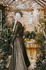 young albino woman with blue eyes and long white hair in beautiful green dress and crown stands in loft room decorated with wooden greenhouse and Christmas trees with twinkle lights, diverse people