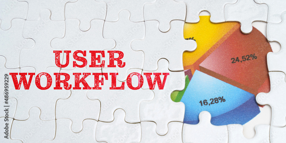 Poster on white puzzles there is an inscription - user workflow. financial diagram in the window among the 