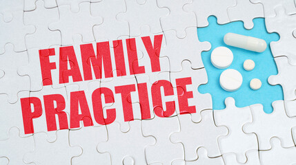 On the puzzles there is an inscription - Family Practice, on a blue background pills.