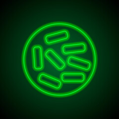 Microbe simple icon. Flat desing. Green neon on black background with green light.ai