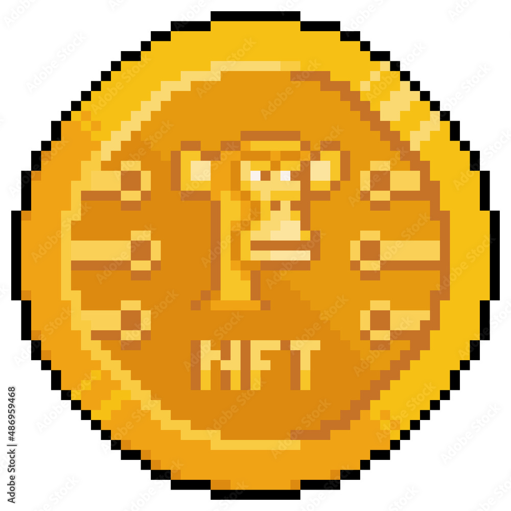Poster pixel art coin nft monkey vector icon for 8bit game on white background