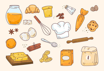 Hand drawn set of baking and cooking elements, mixer, spoon, flour, spices, scale. Doodle sketch style. Bakery element drawn by digital brush-pen. Illustration for icon, menu, recipe design.