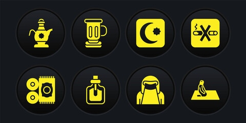 Set Traditional carpet, No Smoking, Perfume, Muslim woman niqab, Star and crescent, Medieval goblet, prays and Islamic teapot icon. Vector