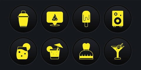 Set Cocktail, Stereo speaker, Woman dress, Ice cream, Slice of pizza, Martini glass and shaker icon. Vector