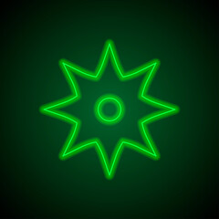 Shuriken simple icon. Flat desing. Green neon on black background with green light.ai