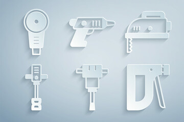 Set Construction jackhammer, Electric jigsaw, Electrical hand concrete mixer, stapler, cordless screwdriver and Angle grinder icon. Vector