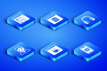 Set Mobile Apps, Browser files, Software, Hacker or coder, Server, Data, Web Hosting and Headphones icon. Vector