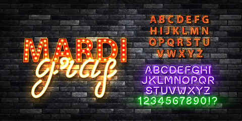 Vector realistic isolated marquee neon sign of Mardi Gras with easy to change color alphabet font on the wall background.
