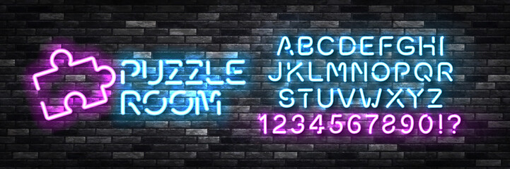 Vector realistic isolated neon sign of Puzzle Room with easy to change color alphabet font logo on the wall background.