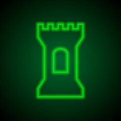 Tower simple icon. Flat desing. Green neon on black background with green light.ai