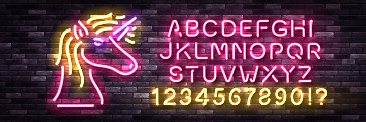 Vector realistic isolated neon sign of Unicorn with easy to change color alphabet font for template decoration and covering on the wall background.