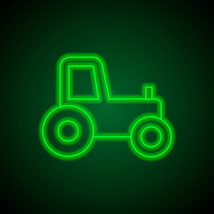 Tractor simple icon. Flat desing. Green neon on black background with green light.ai