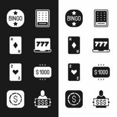 Set Laptop and slot machine, Playing card with diamonds, Bingo, Lottery ticket, heart, Money prize casino, Winner holding and Coin money dollar icon. Vector