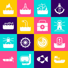Set Cargo ship, Location with anchor, Lighthouse, Sinking cruise, Periscope, Sharp stone reefs, Iceberg and First aid kit icon. Vector